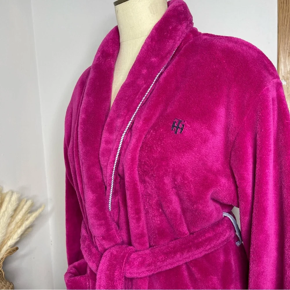TOMMY HILFIGER Hot Pink Robe Fleece Embroidered Logo Size L/XL Preppy